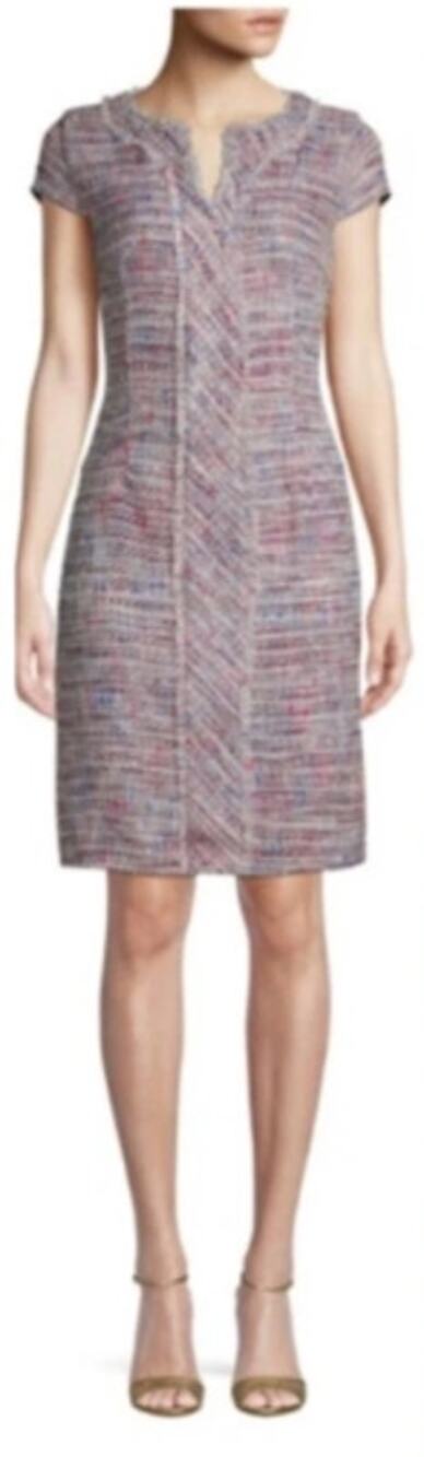 Karl Lagerfeld Short-Sleeve Split V-Neck Tweed Mini Shift Dress Purple Womens 16